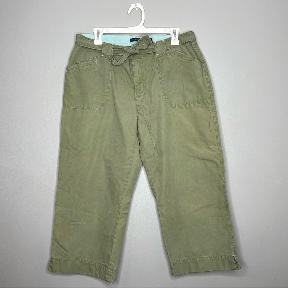 French Cuff Army Green Tie Waist Cotton Capri Pants P